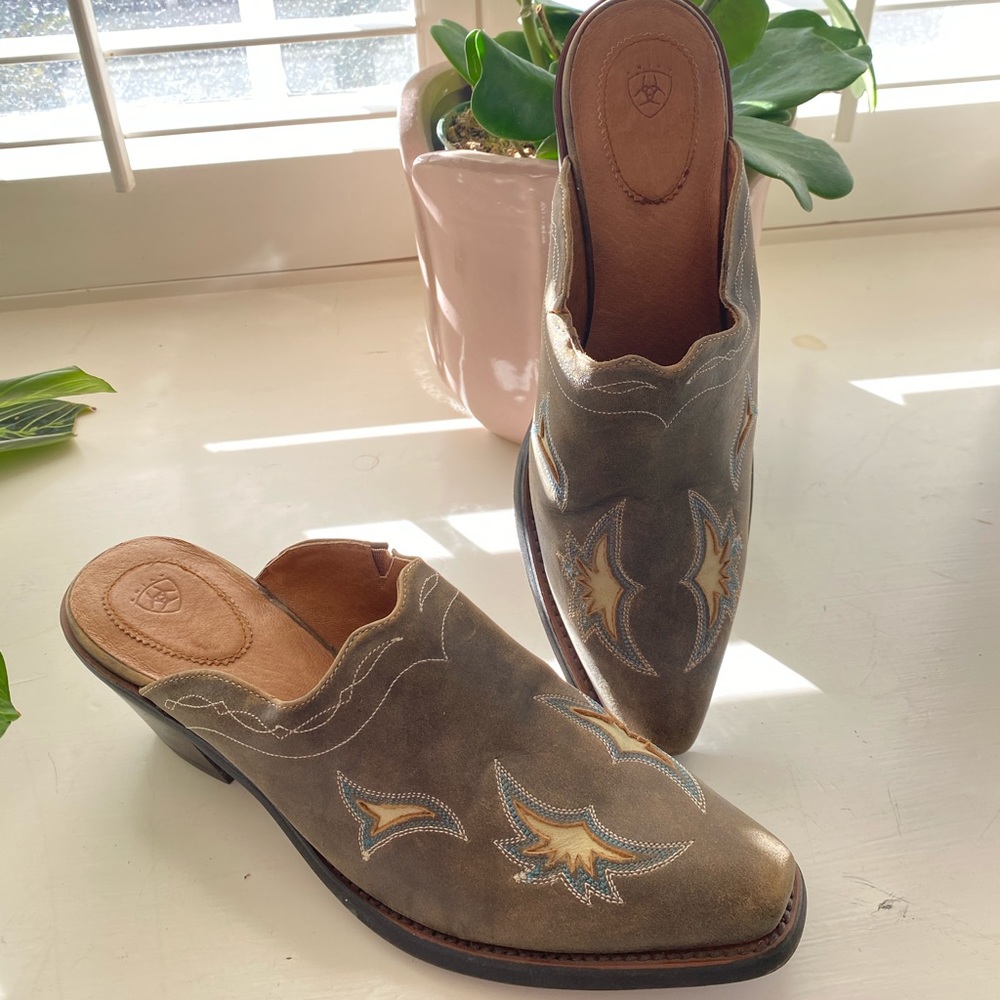 EUC Ariat Brown Square Toe Leather Western Cowboy Slip On Size 8.5